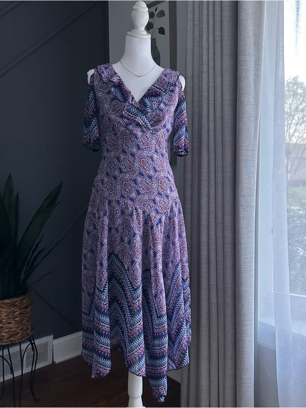 Asymmetrical Boho Blue Patterned Midi Dress - Elegant V-Neck and off shoulder